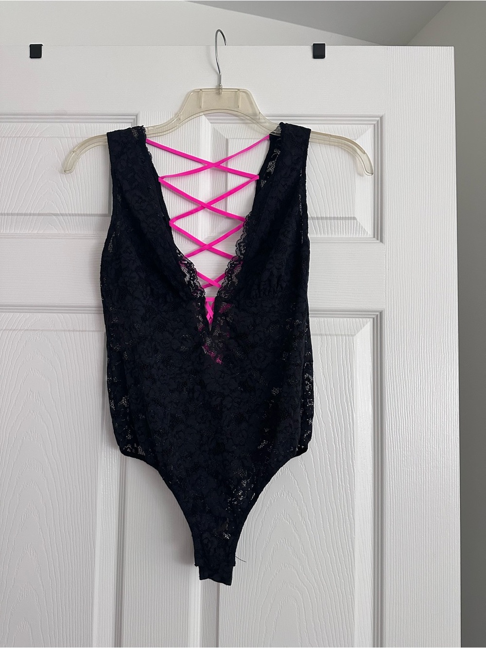 Black Lace Bodysuit with Neon Pink Crisscross Back
